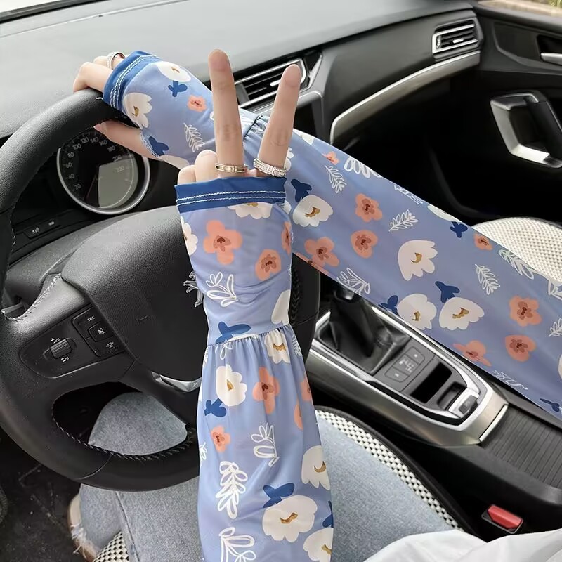 패션 꽃 여성의 새로운 복숭아 선 스크린 아이스 실크 소매 느슨한 한국식 올매치 운전 야외 승마 팔 가드