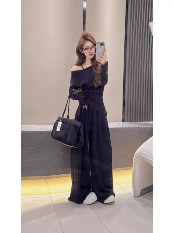 韩系露肩不规则长袖上衣套装女气质小众新款高腰显瘦阔腿裤两件套|undefined