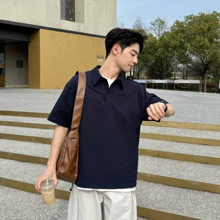 【柔软泡泡纱】藏青色Polo领短袖T恤男夏季新款宽松轻薄速干半袖