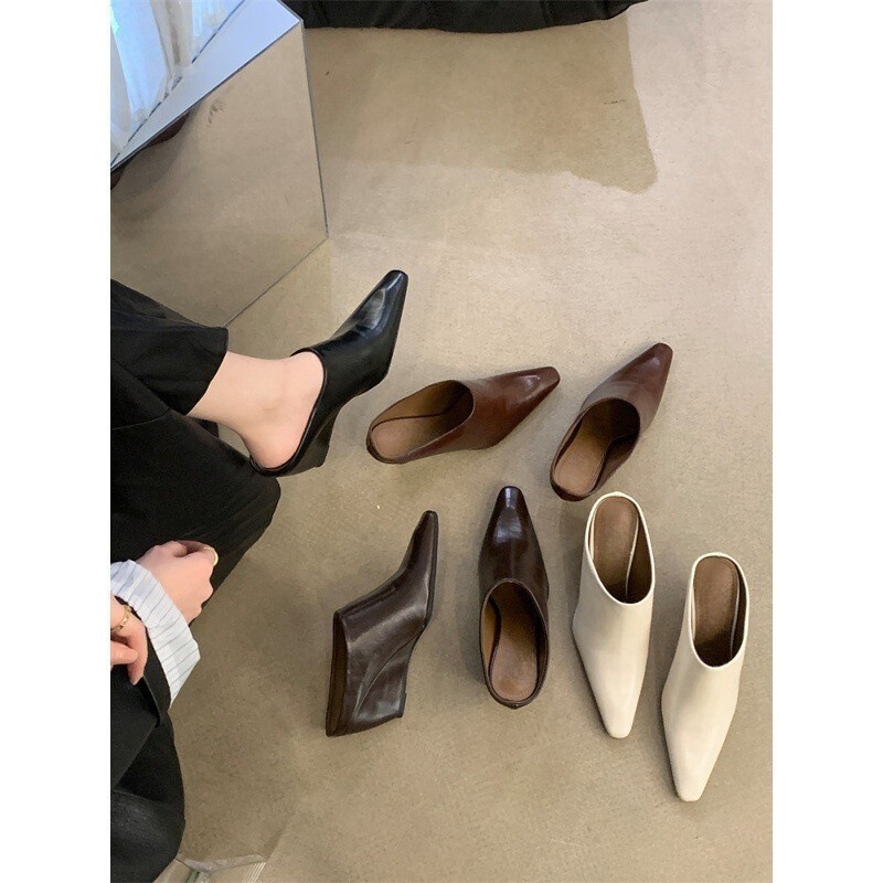 European and American Style Closed-Toe Mules for Women, Small Square Toe Wedge High Heel Sandals, Fashionable Outdoor Chunky Heel Slip-On Mules