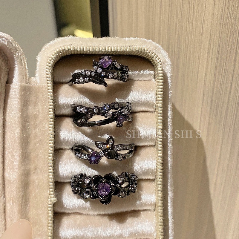 "Butterfly Shadow" Hollow-Out Rose Purple Zircon Niche Open Ring, Gender-Neutral Style, Fish Tail Design, Unique Minimalist Ring