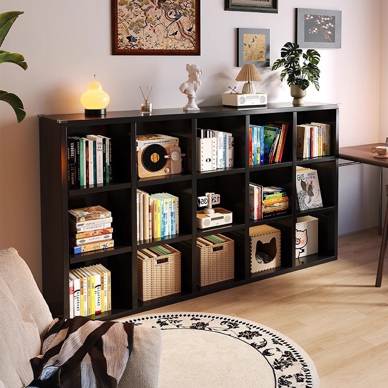 Solid Wood Mid-Century Style Bookcase Living Room Bookshelf Wall Storage Display Cabinet Black Storage Low Cabinet Kalek Grids Cabinet