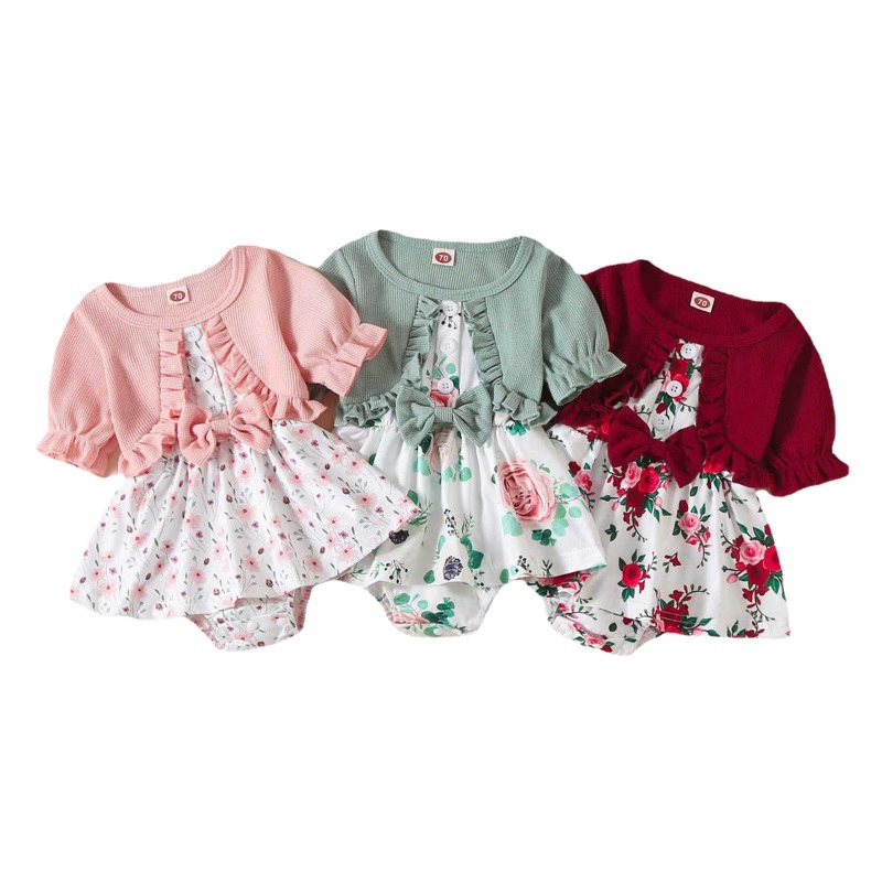 Amazon, новый детский комбинезон на весну и лето, искусственная юбка с короткими рукавами для девочек, юбка с принтом в виде банта и оберткой