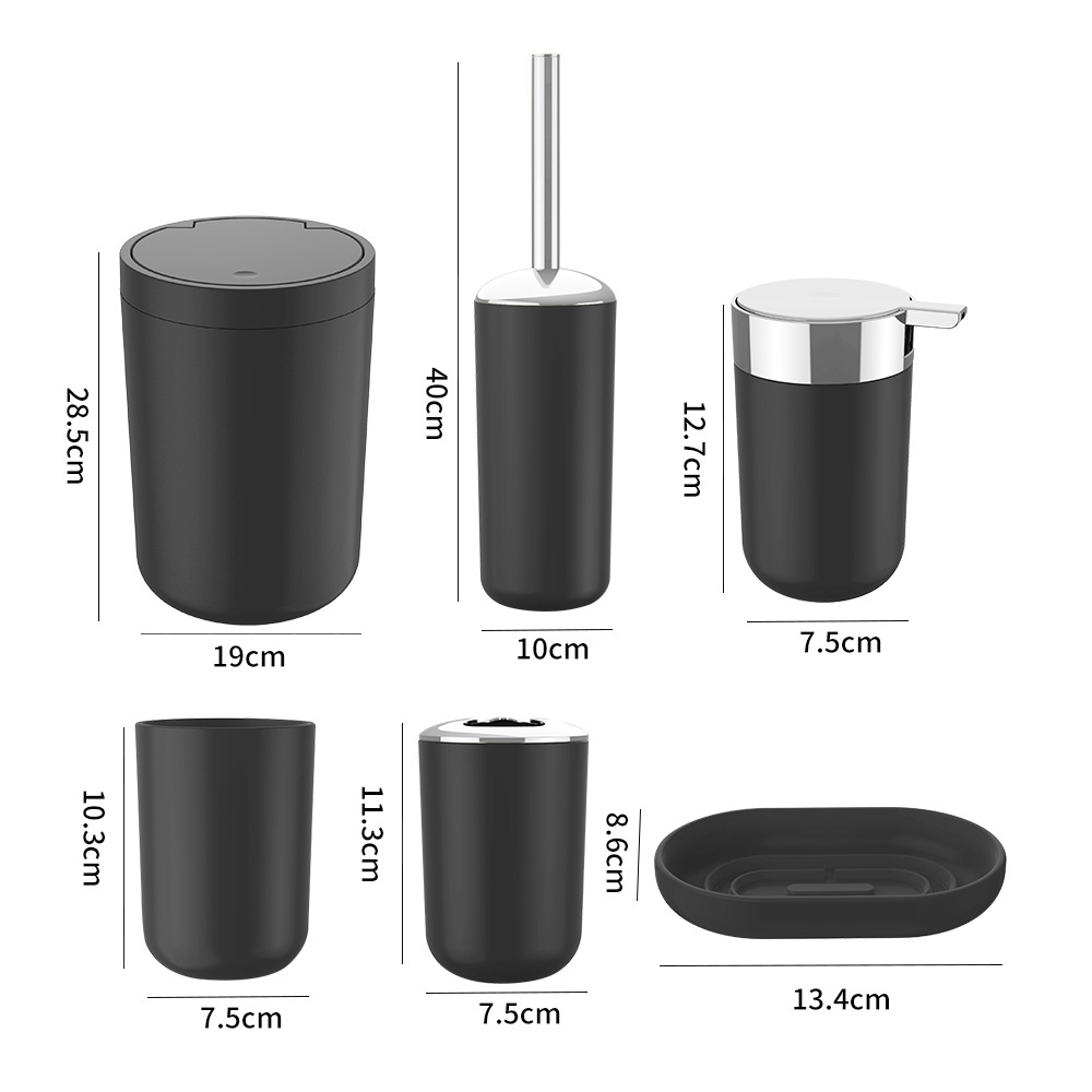 Plástico de color sólido plateado seis piezas conjunto de cepillo de dientes caja de jabón cepillo de inodoro almacenamiento baño conjunto de lavado