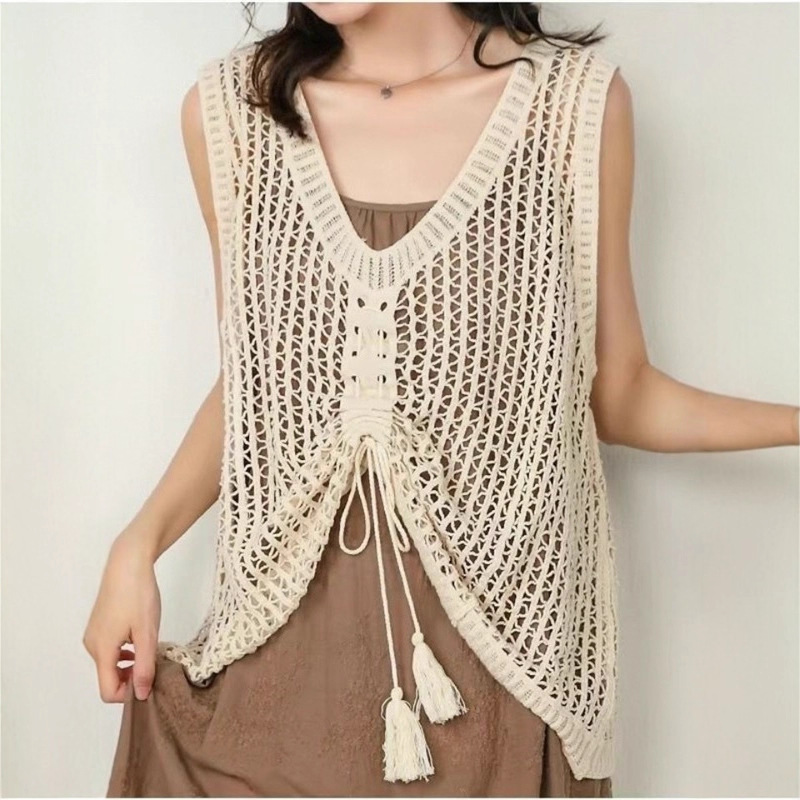 2025 New Summer Style V Neck Drawstring Cotton Knitted Vest for Women Retro Loose Cut Out Sleeveless Vest Women's Blouse