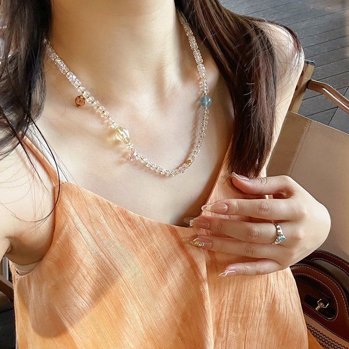 Original handmade niche new Chinese style antique sand gold pendant natural white crystal necklace for women super sparkly beaded chain