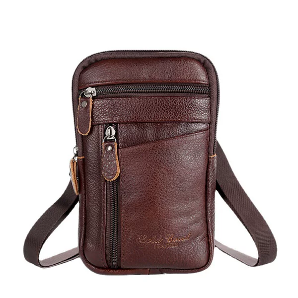 Men's First-Layer Cowhide Multifunctional Crossbody Mobile Phone Bag, Genuine Leather Vertical Style Belt-Worn Waist Bag, Business Casual Hanging Bag
