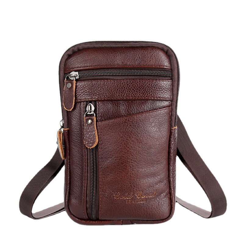 Men's First-Layer Cowhide Multifunctional Crossbody Mobile Phone Bag, Genuine Leather Vertical Style Belt-Worn Waist Bag, Business Casual Hanging Bag