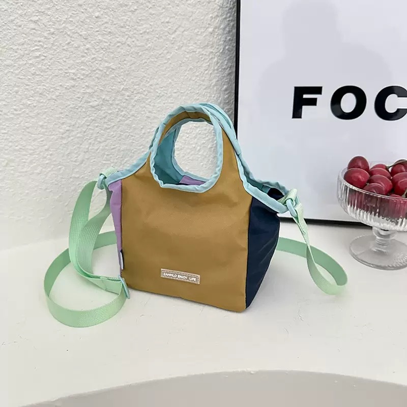 Fashion Contrast Color Patchwork Crossbody Bag For Women, Lightweight Nylon Shoulder Bag, Sporty Casual Handheld Bucket Bag - Thumbnail 4