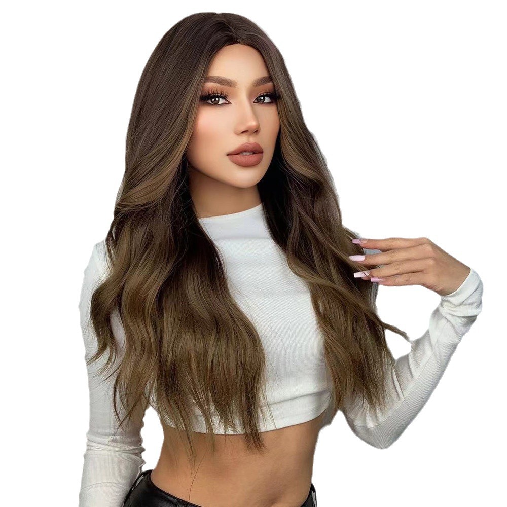 Nuevo estilo transfronterizo estilo europeo y americano wigs cabello largo y rizado gradiente gris marrón seda de alta temperatura peluca de fibra química cubierta completa