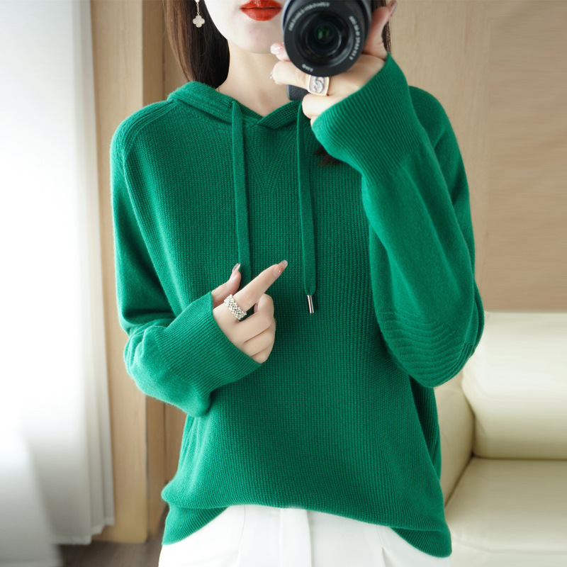 Wool Blended 2024 Autumn and Winter New Women's Loose Casual Hoodie Solid Color Short Pullover Knitted Hoodie