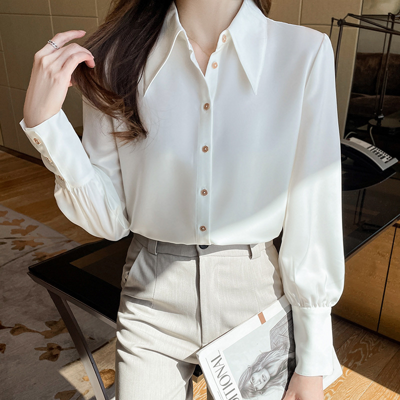 Satin White Long Sleeve Shirt Women's 2025 Spring and Autumn New Design Sense Small Point Collar Commuter Professional Shirt Women's Shirt Satin White Long Sleeve Shirt Women's 2025 Spring and Autumn New Design Sense Small Point Collar Commuter Professional Shirt Women's Shirt