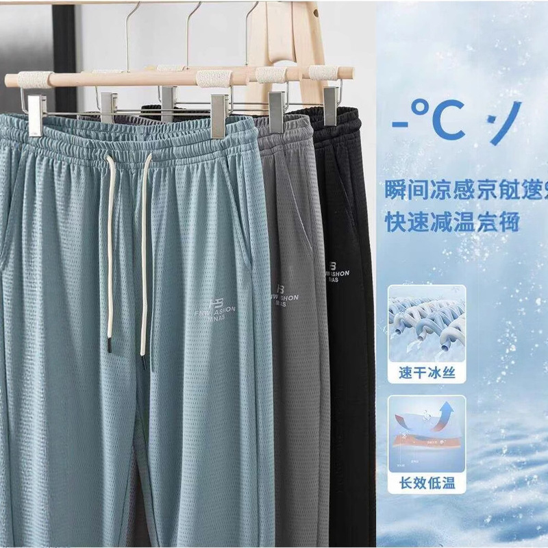 Summer Thin Mesh Ice Silk Quick-Drying Sports Pants for Boys Loose Large Size Casual Elastic Mesh Breathable Basketball Pants