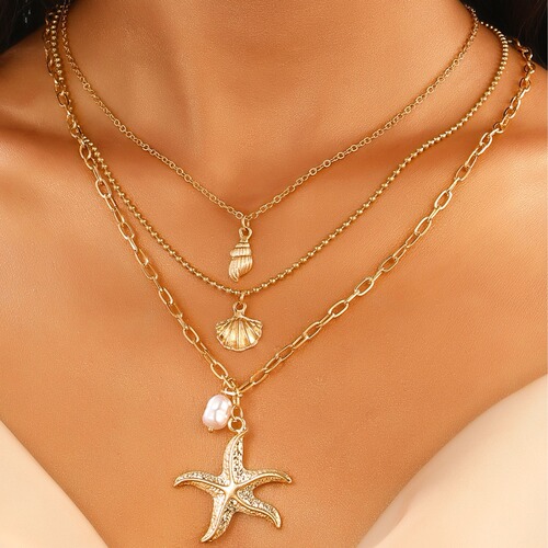 European and American alloy three-layer starfish pearl pendant necklace for women, Bohemian shell ocean accessory, cross-border jewelry