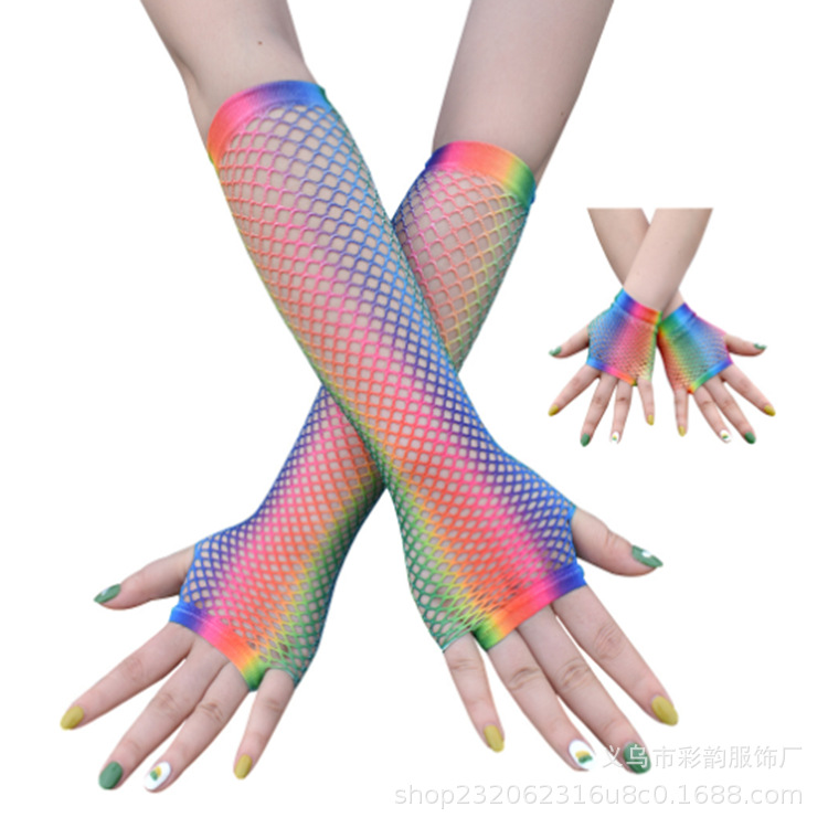 Guantes arco iris al por mayor fiesta transfronteriza malla arco iris guantes escenario discoteca sexy manga de red de pesca guantes de medio dedo image 6