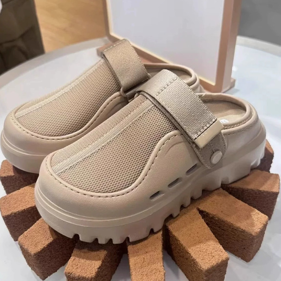 Ug New Style Tas Thick-Soled Sandals with Velcro Straps, Perforated Shoes for Couples, Slip-On Beach Sandals for Women