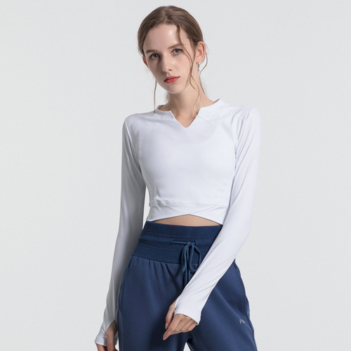 Cross-border tight-fitting women's elastic slimming yoga top long-sleeved running training fitness top feminine midriff-baring