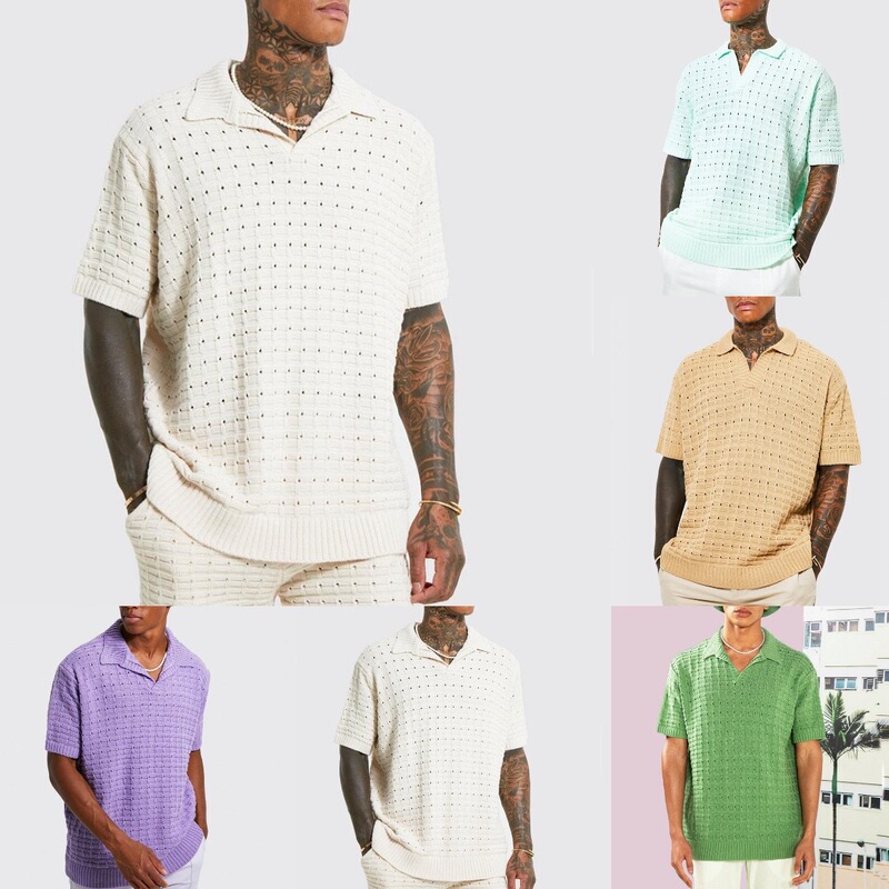 Cross-Border Men's stretch loose polo shirt sweater men's knitted short-sleeved casual T-shirt men's V-neck T-shirt men