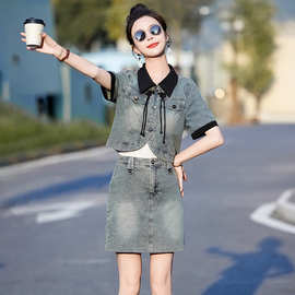 新中式牛仔短裙套装女夏小个子减龄显瘦短外套两件套采品8051