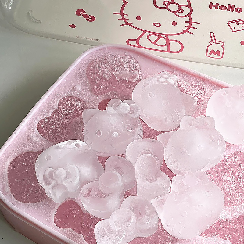 kitty猫卡通食品级硅胶按压冰格 冰块模具家用冰箱制冰储冰盒带盖|undefined