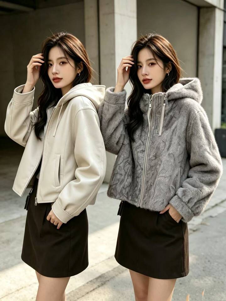 Áo khoác da PU hai mặt trùm đầu nữ form rộng phong cách công sở — màu cà phê, màu trắng ngà, đen chi tiết 4