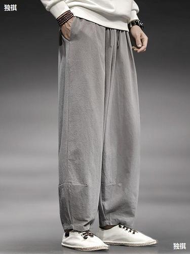Spring and Autumn Style Chinese-style Cotton-Linen Lantern Pants for Men, Retro Loose Wide-Leg Pants, Casual Turnip Pants, Cotton-Linen Straight-Leg Daoist Robe Pants
