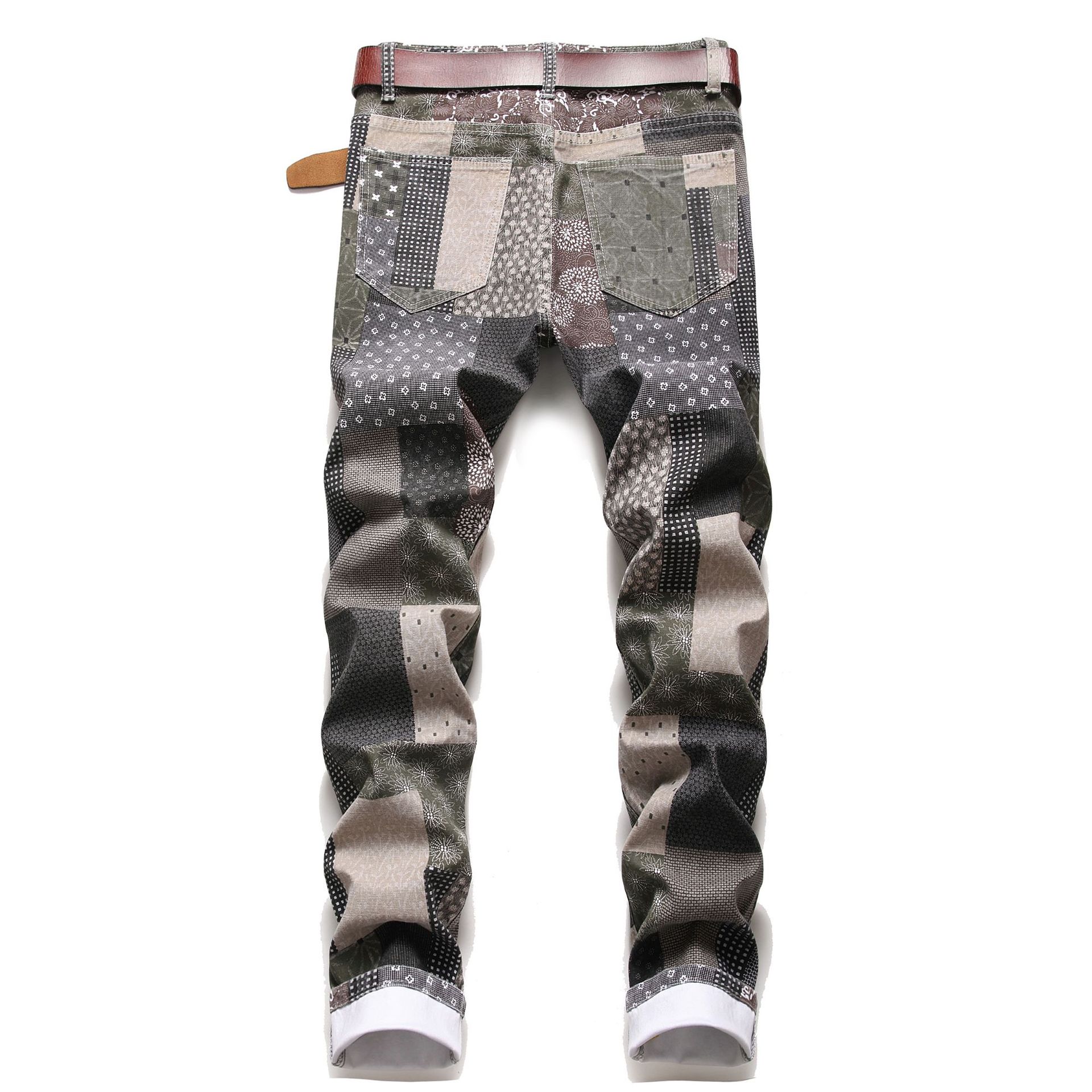 Original European Colorful Personalized Fashion Jeans for Men Plaid Printed Patchwork Stretch Straight Pants Street Man Jeans_voghion.com