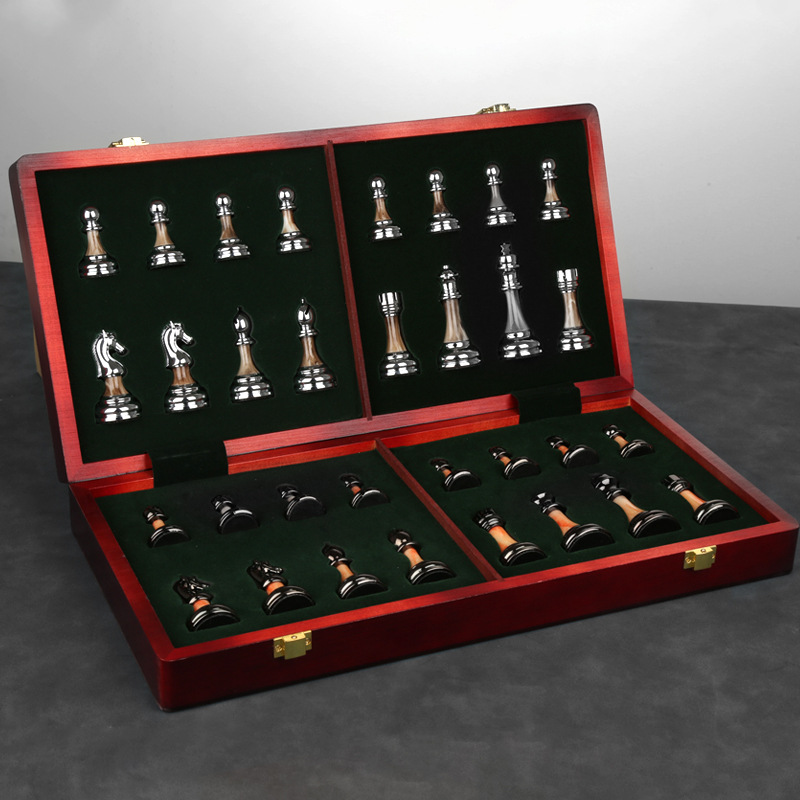 Ajedrez de alta gama caja de regalo traje de madera maciza plegable tablero de ajedrez de imitación de Jade Ajedrez adornos de estilo europeo Retro