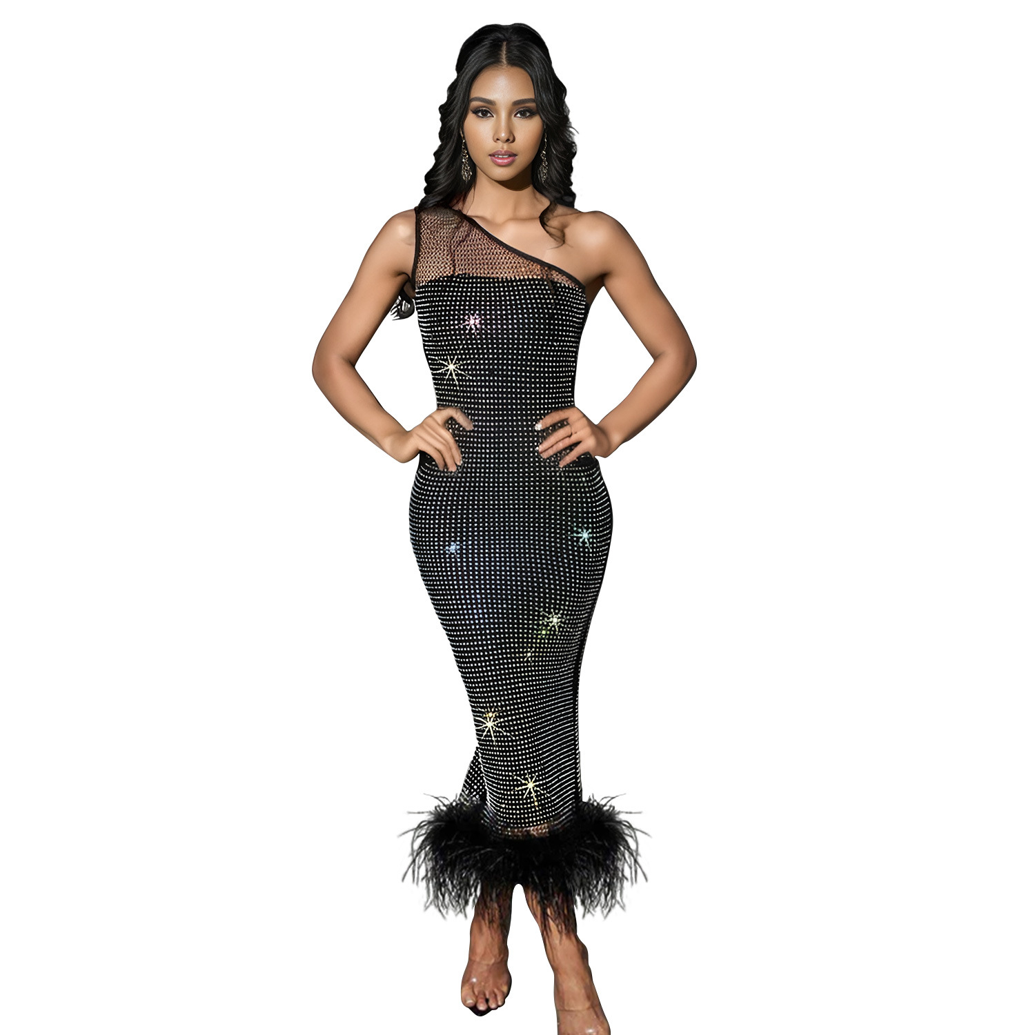 C6666 transfronterizo AliExpress Amazon europeo y americano de la moda de las mujeres solo hombro malla rhinestone pluma vendaje vestido image 8
