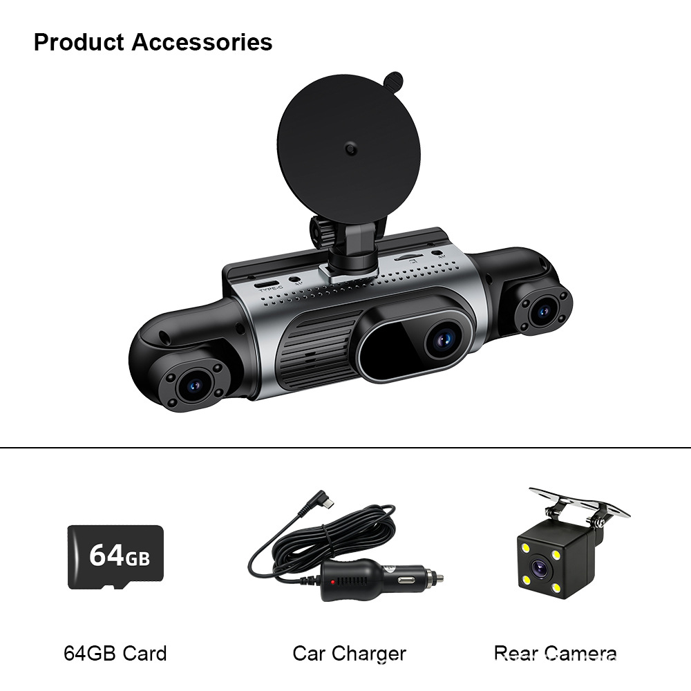 Four-channel dashcam, 1080P high-definition, panoramic night vision, built-in WiFi for smartphone connectivity, parking monitoring, and G-sensor