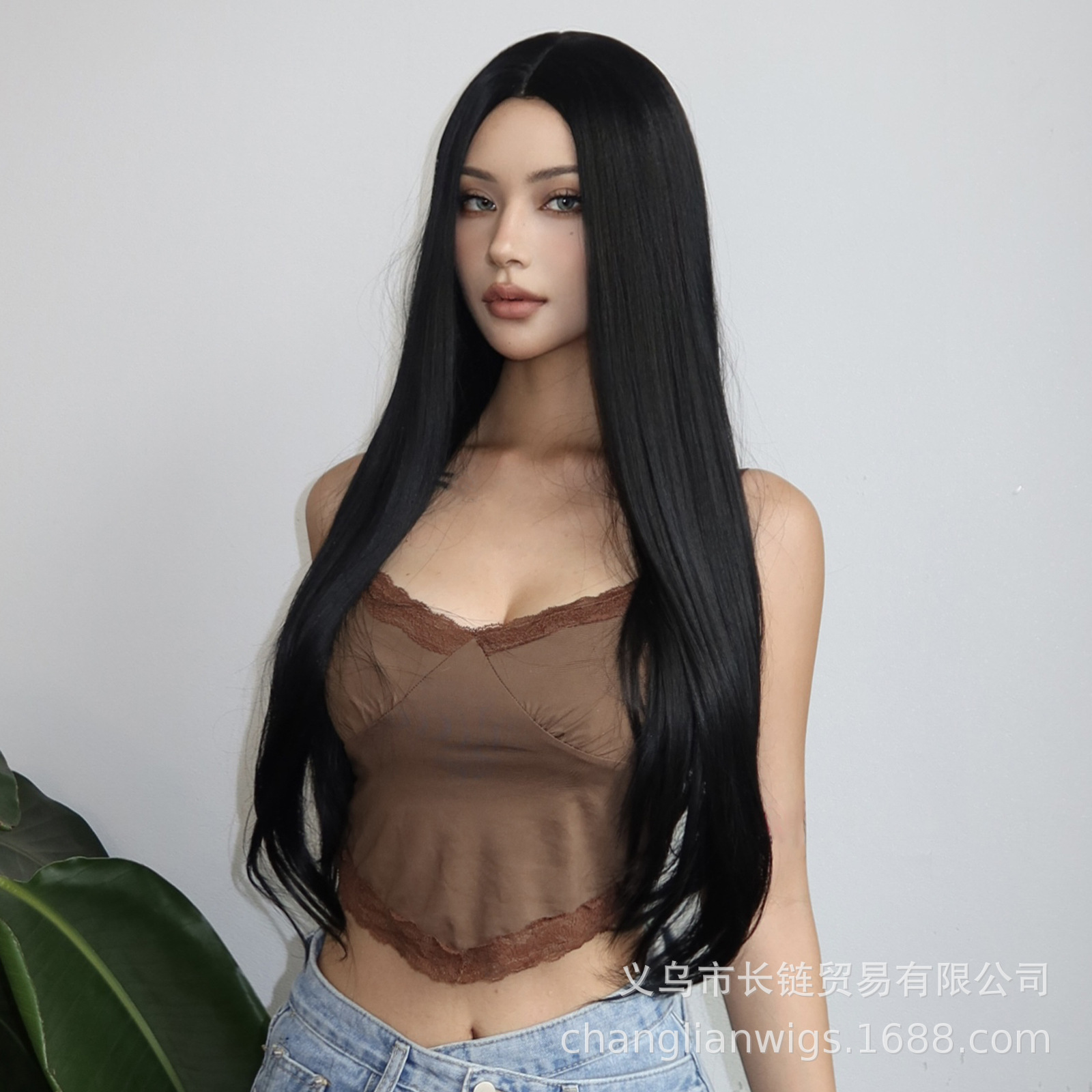 Luz transfronteriza Europa y América hasta la cintura peluca de pelo liso de longitud media negra cabeza entera seda doméstica femenina natural peluca Xuchang wigs