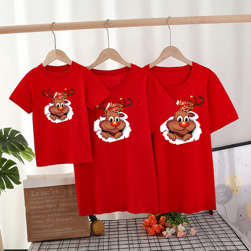 麋鹿带帽字母卡通印花圣诞亲子装棉T恤家庭装情侣闺蜜上衣新