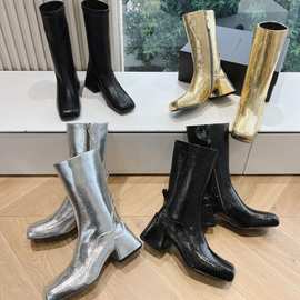 JIL弹力袜靴短靴2024秋冬真皮简约方头金属小牛皮靴ankle boots