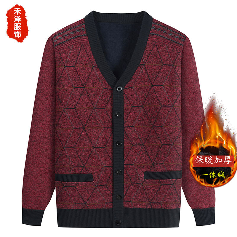 中高年の父とベルベットのセーターとニットの老人の男性服秋冬保温コートのおじいさんのカーディガンは服を厚くします。