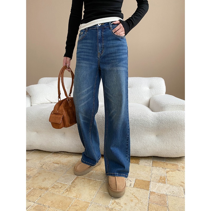 司南 早秋新款 复古磨白水洗抓纹高腰直筒阔腿牛仔裤显瘦