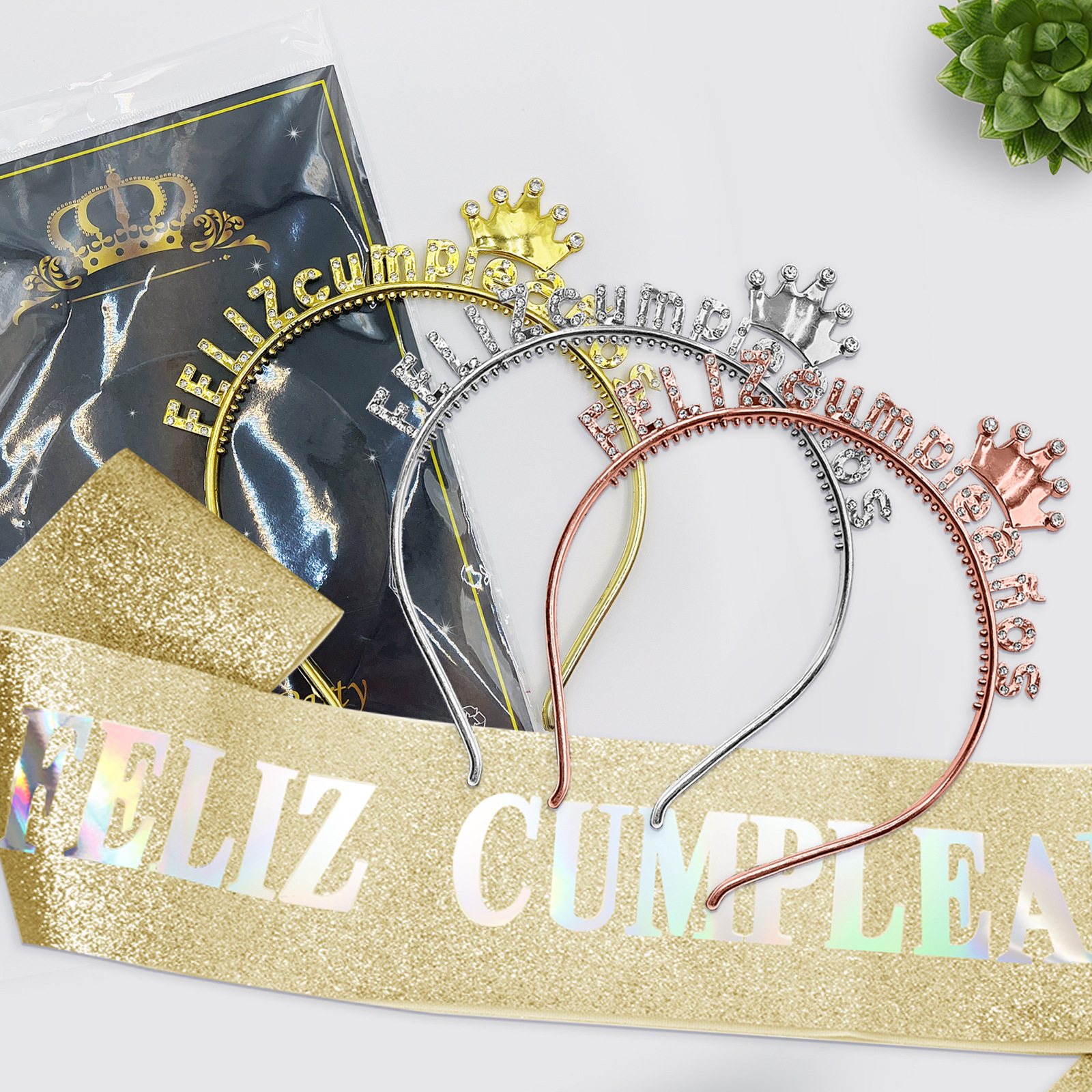 Cumpleaños español correa de hombro serie de taladro de plástico chapado en oro fiesta de ventas calientes en el extranjero de Europa y América