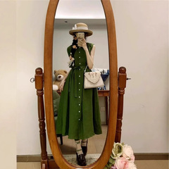 グリーンノースリーブシャツワンピースレディース夏新作高級デザイン感ゆったり着痩せストラップ気品ロングスカート