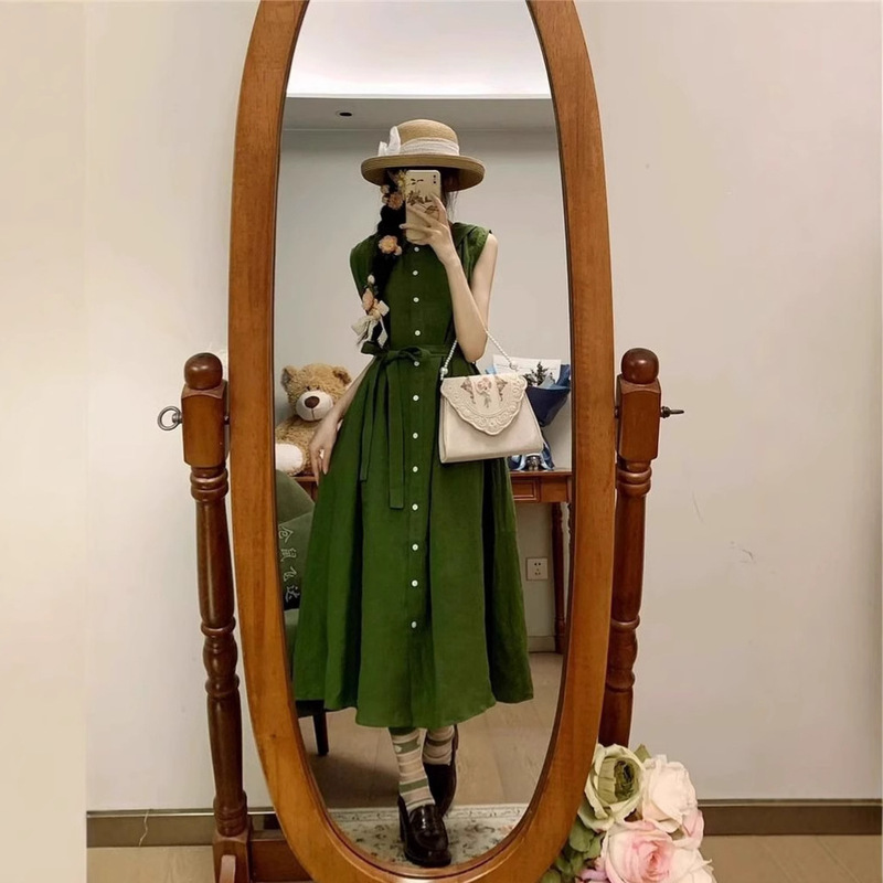 Green Sleeveless Shirt dress Women's Summer New High-end Design Sense Loose Slimming Lace-up Elegant Long Skirt