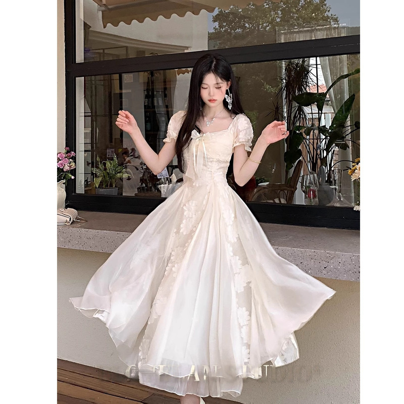 Princess-Style Mesh Patchwork Dress for Women, Summer's Stunning Little Dress with Puff Sleeves, French-Style White Moonlight Fairy Long Dress