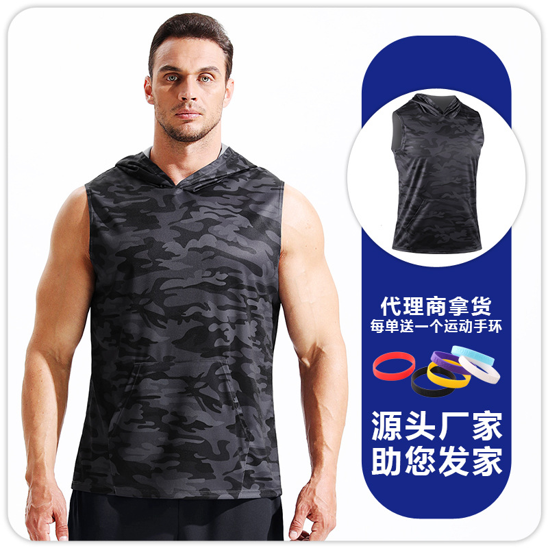 Chaleco con capucha de camuflaje para hombre, camiseta estampada transpirable de secado rápido, top sin mangas informal holgado para correr maratón image 10