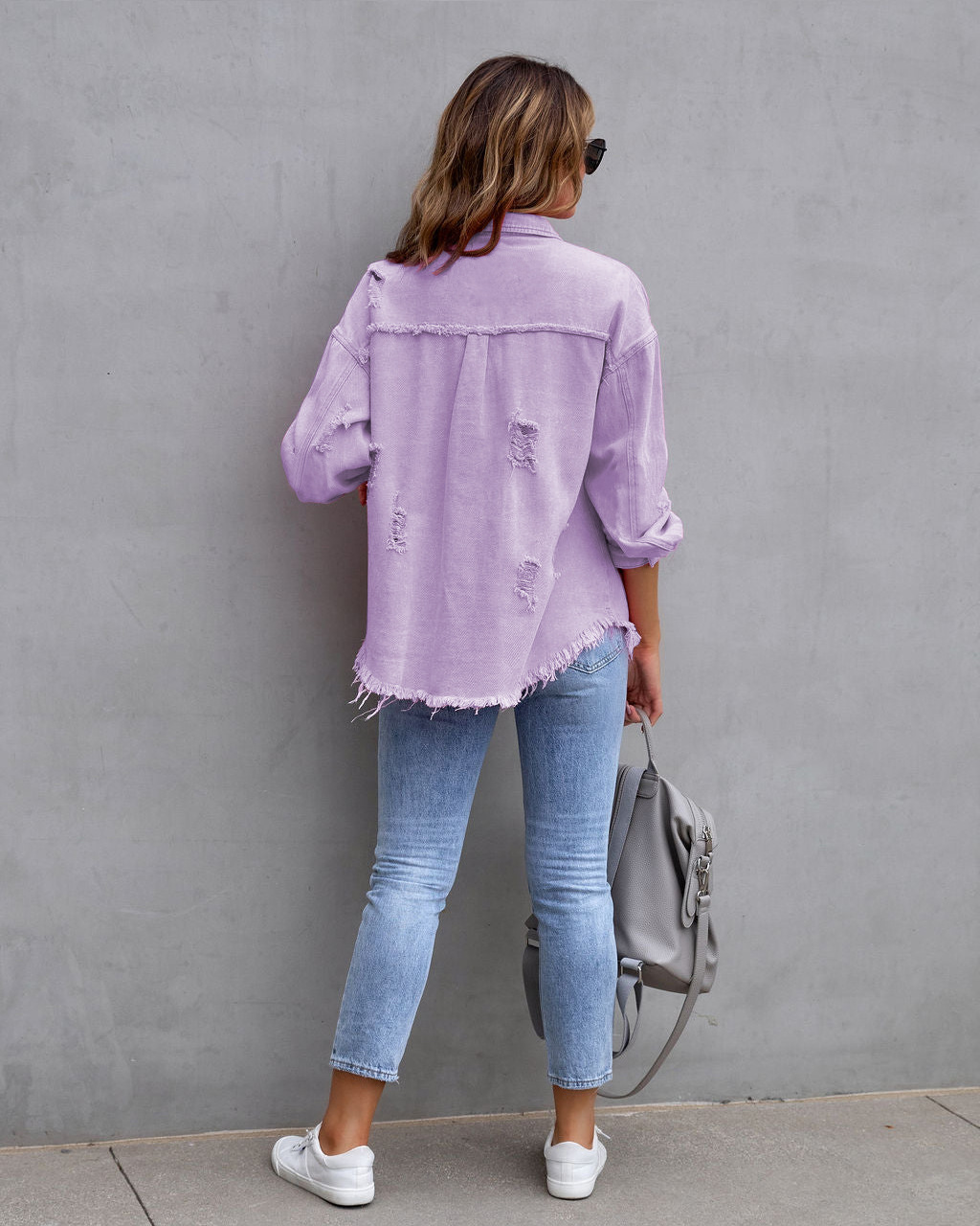Giacca di jeans donna con volant strappata bavero manica lunga_voghion.com