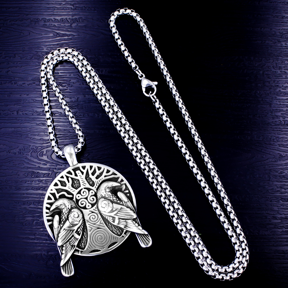 Pendentif Viking Arbre De Vie Double Oiseau En Acier Inoxydable_voghion.com