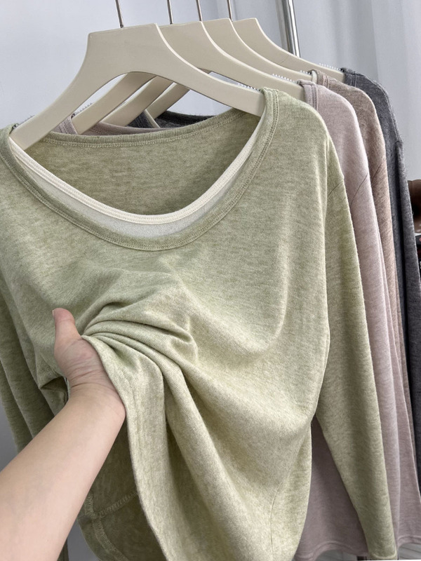 Soft Cashmere Feel Fake Two-Piece Knitwear Long-Sleeved T-Shirt for Women Spring Gentle Color Matching Loose Versatile Bottoming Shirt Soft Cashmere Feel Fake Two-Piece Knitwear Long-Sleeved T-Shirt for Women Spring Gentle Color Matching Loose Versatile Bottoming Shirt