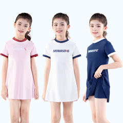 Momasong兒童泳衣女童中大童分體短袖游泳衣新款可愛女孩防曬泳裝