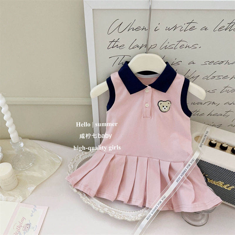 Vestido de polo de bebé de siete ositos de limón salado estilo universitario 2025 chaleco de bebé de verano vestido de princesa plisado marea