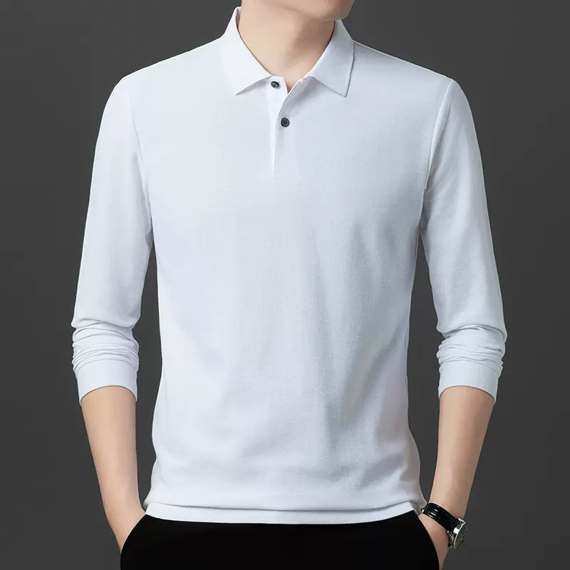 秋季男士中青年纯棉polo衫时尚百搭翻领长袖高级感休闲纯色男上衣