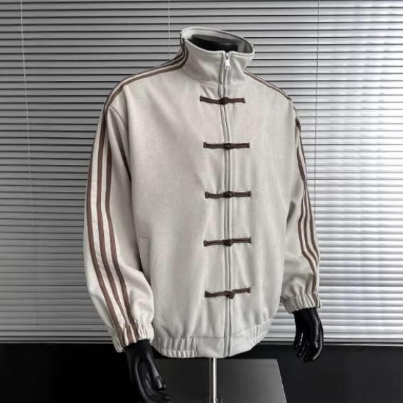 Autumn Trendy Blue and White Patchwork Three-Stripe Stand-Collar Jacket for Men, New Chinese-Style Buttoned High-End Tang Suit Top
