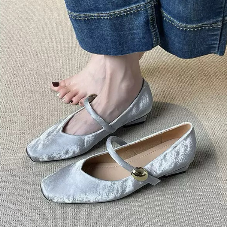 羊皮版银色内增高鞋子方头新款单鞋女绝美芭蕾鞋粗高跟玛丽珍鞋|undefined