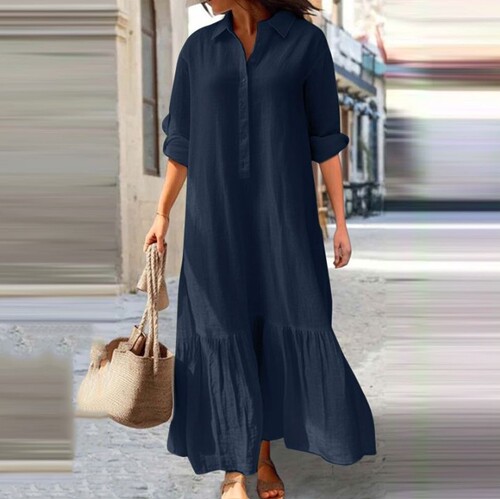 2025 New Arrival Cotton-Linen Long Irregular Dress for European and American Markets, Casual Skirt with Shirt Collar and Twisted Buttons