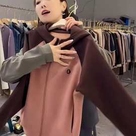200斤胖特大码拼色连帽卫衣女2025秋装女休闲百搭宽松拉链上衣